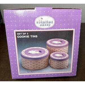 Vintage Set of 3 Round Cookie Tins Sheep w/ Pink Bows Richard Hoffman 1986 NOS